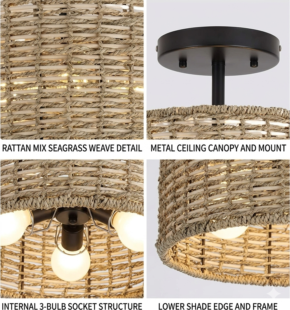 Sustainable natural fiber flush mount ceiling lamp designed for eco-conscious and modern interior decor.