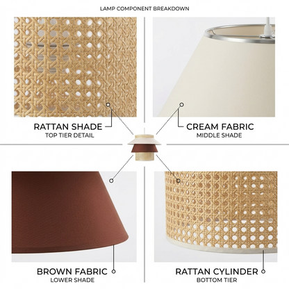 Sustainable woven rattan and fabric multi-layer hanging lamp made from non-toxic natural materials.