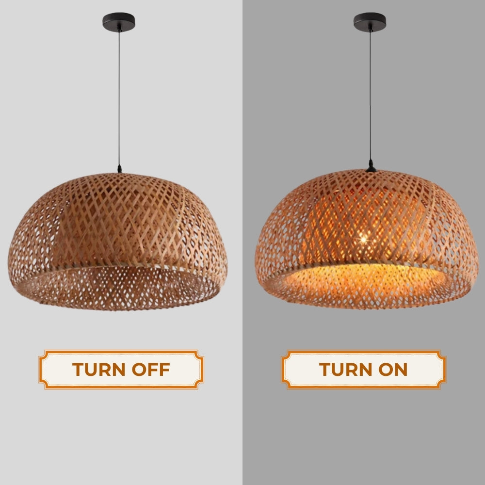 Close-up of sustainable rattan and bamboo dome light material detail