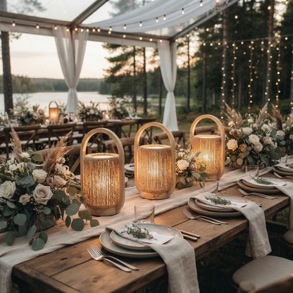 Three glowing ribbed glass lanterns with woven bamboo handles are arranged on a rustic wooden outdoor dining table set with plates, linen napkins, and floral centerpieces under a marquee with string lights at dusk.