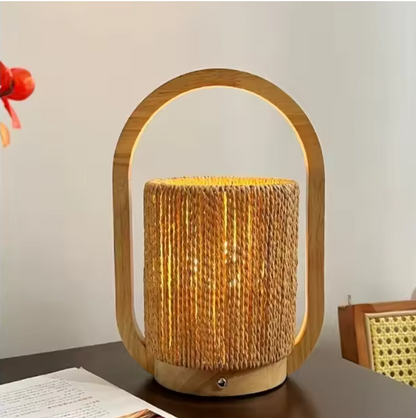Eco-friendly hand-carved organic wood table lamp utilizing natural materials for healthy spaces.