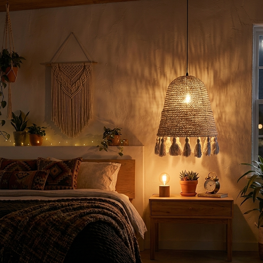 Soft ambient tassel hanging lamp installed to create a calm, cozy atmosphere in a bedroom.