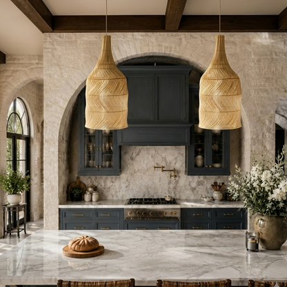 Textured bamboo light hanging over a kitchen island, perfect for a rustic-modern culinary workspace.