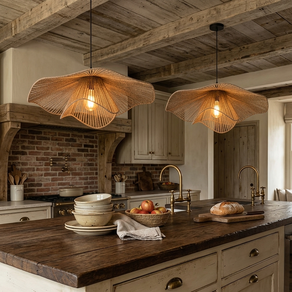 Textured hemp light perfect for adding a natural, rustic, and culinary atmosphere over a kitchen island.