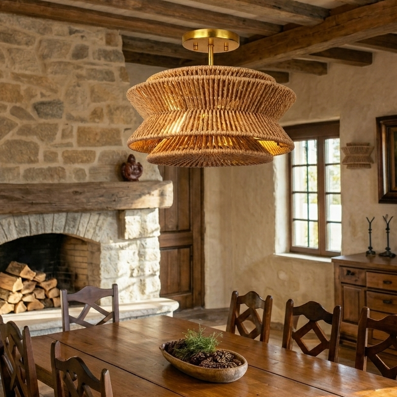 Textured hemp light hanging over a kitchen island, perfect for a rustic-modern culinary workspace.