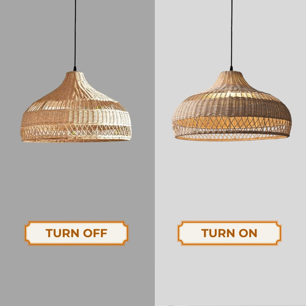 Ambient shadow weave wicker chandelier projecting beautiful geometric grid light patterns onto surrounding walls when turned on