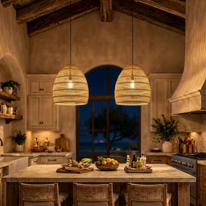 Textured rattan light fixture perfect for adding natural character to a kitchen island.