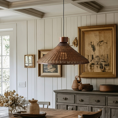 Textured rattan and wood light fixture perfect for adding natural character to a kitchen island.