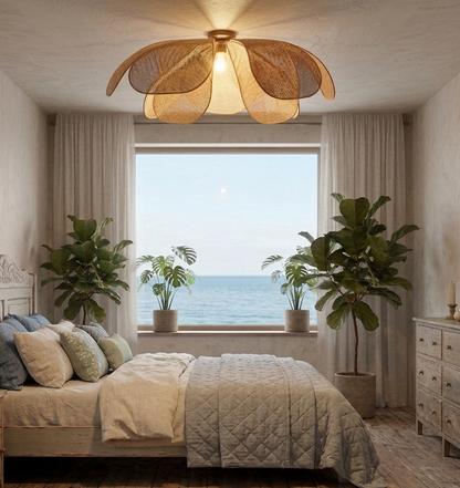 Peaceful zen bedroom straw petal lamp casting gentle, organic layered shadows for a deeply relaxing, sleep-inducing bedroom atmosphere.