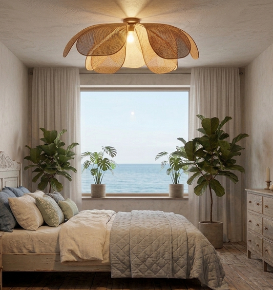 Peaceful zen bedroom straw petal lamp casting gentle, organic layered shadows for a deeply relaxing, sleep-inducing bedroom atmosphere.