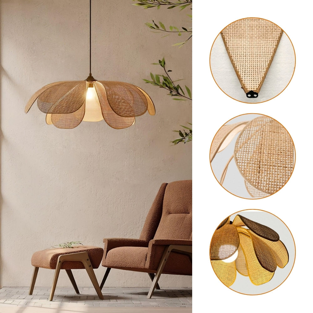 Magnolia shape straw ceiling fitting displaying two layers of overlapping curved mesh petals that softly diffuse the central light source.