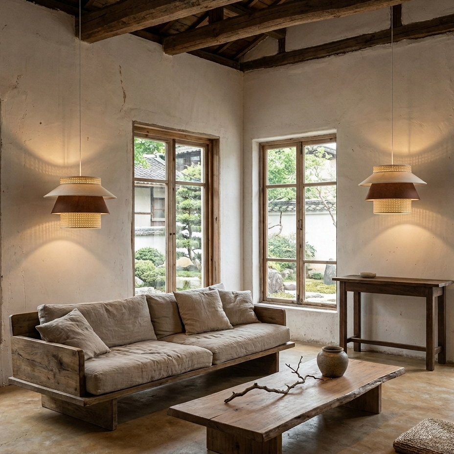 Elegant tiered rattan pendant light enhancing the natural aesthetic of a living room area.