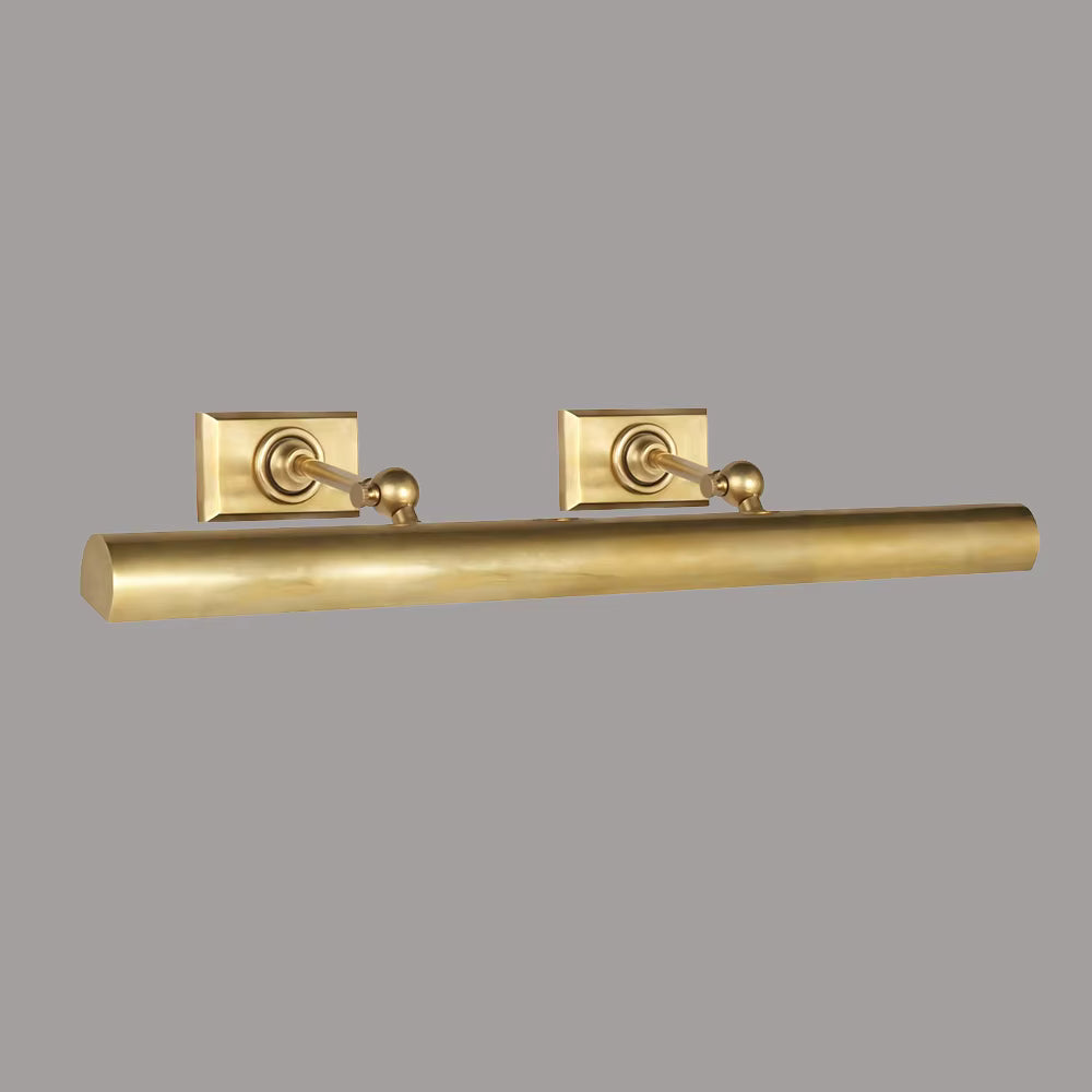 A brushed brass towel bar with two matching square wall mounts, shown against a solid gray background.