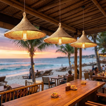 A beautiful hand-woven jute pendant light creating a relaxing, luxury atmosphere at a tropical beachfront resort, perfect for enhancing coastal-inspired interior decor.