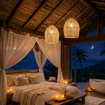 A beautiful hand-woven rattan bell pendant light creating a relaxing, luxury atmosphere at a tropical beachfront resort.