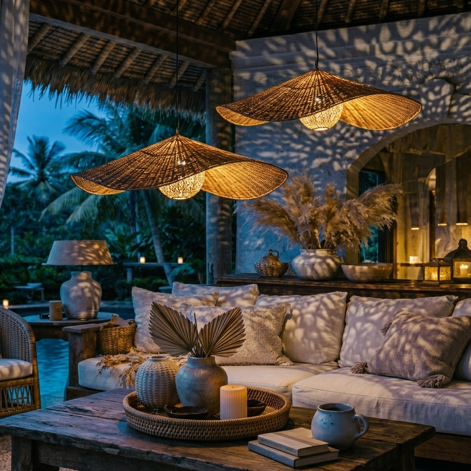 A beautiful hand-woven wicker pendant light with glass globe creating a luxury atmosphere at a beach resort.