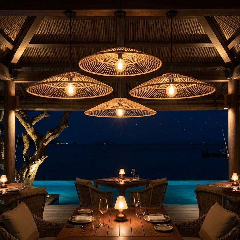 A beautiful hand-woven wicker pendant light creating a relaxing, luxury atmosphere at a tropical beachfront resort.
