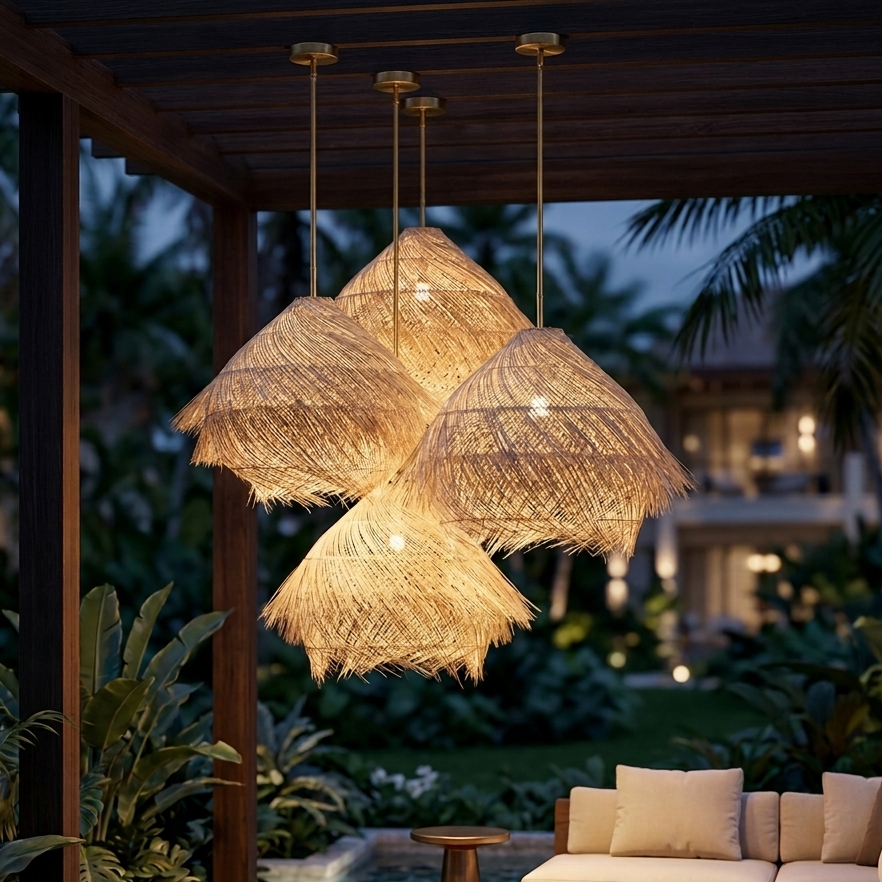 Aesthetic seagrass hanging lamp with dramatic shaggy grass textures, perfect for beachside cafes and island resorts.