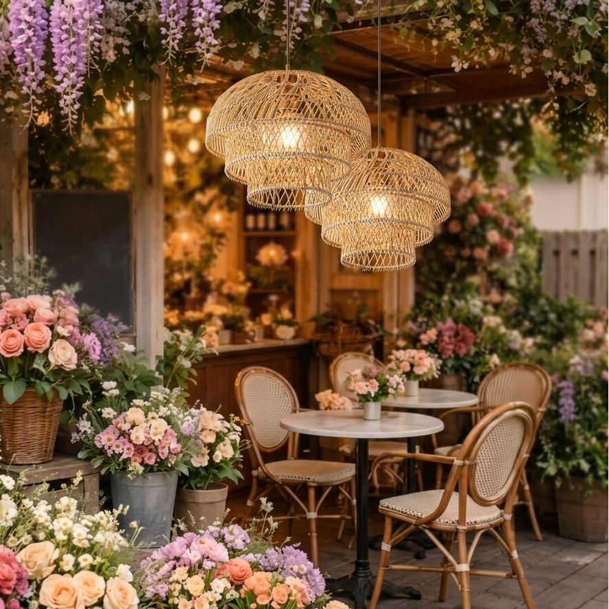 Chic rattan light fixture used as high-end interior decor in a trendy and modern coffee shop.
