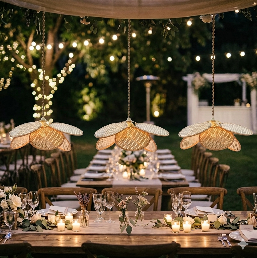 Tropical rattan petal chandelier made from sustainable materials, perfect for adding a natural aesthetic to any room.