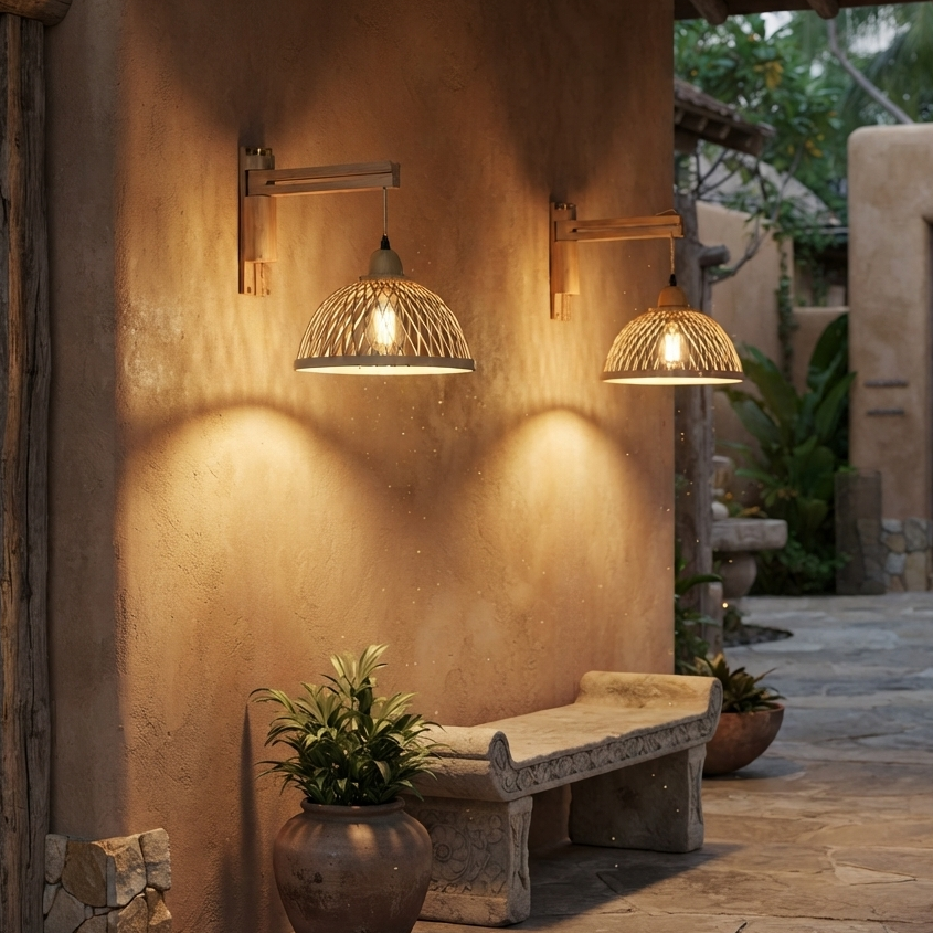 Two warm wall-mounted pendant lights with woven shades hang on a stucco wall in a rustic courtyard, casting a golden glow over a stone bench and potted plants.