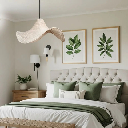 Tropical  wave hanging lamp adding a peaceful, earthy, and unique aesthetic to bedside bedroom decor.