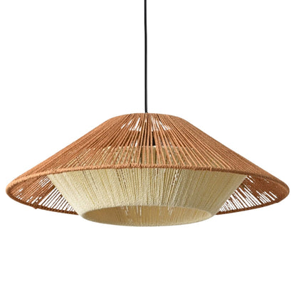 Two-tier rattan sun hat pendant light in turn-off and turn-on modes, showcasing a dual-tone brown and beige woven cone shade.