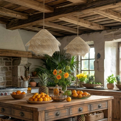Boho style handmade wicker pendant lighting for kitchen interior design.