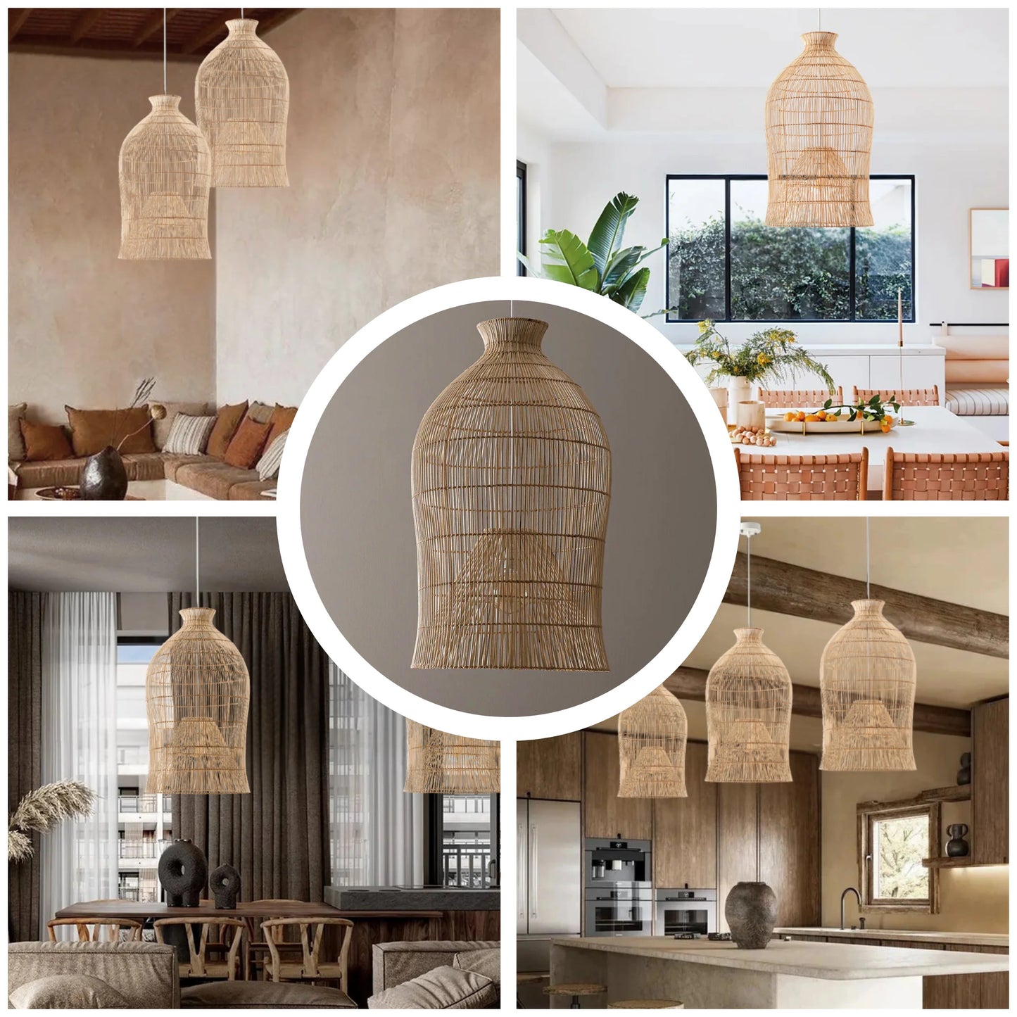 Unique bell shaped woven rattan light shade with detailed natural weave pattern