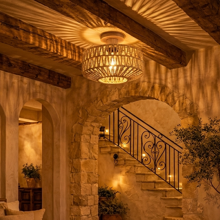 Urban naturalist jute flush mount For Cozy Home, tailored for contemporary city dwellings seeking natural elements.