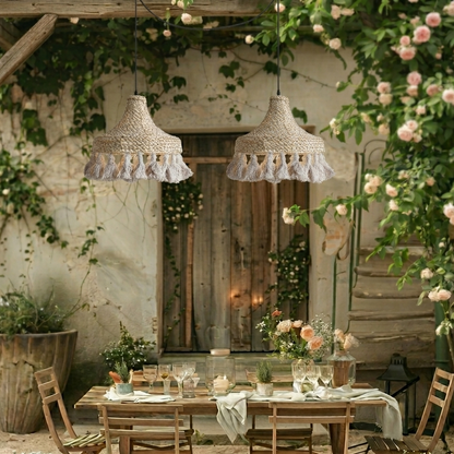 Vintage inspired tassel woven pendant light with a unique retro-meets-natural design profile.