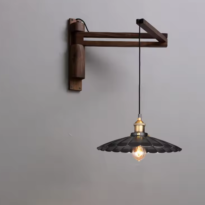 Classic vintage-style wood swing arm wall fixture with retro pleated metal shade for timeless home decor