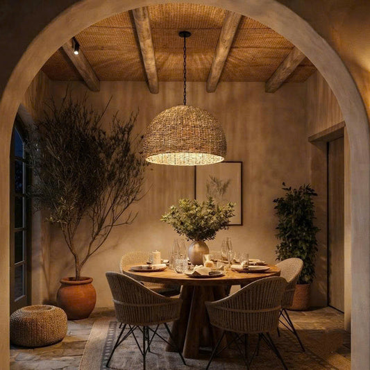A square-format photograph captures a cozy, rustic dining room viewed through a stucco archway.