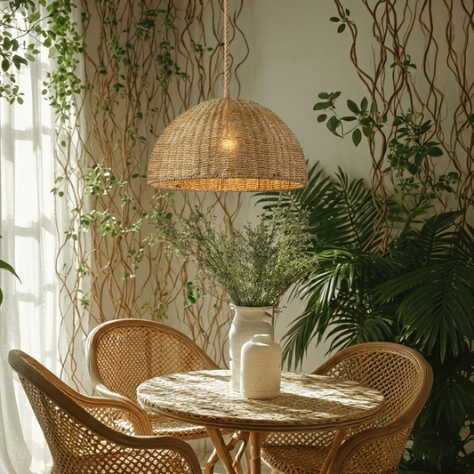 Wabi-sabi aesthetic pendant light made from natural, raw jute fibers.