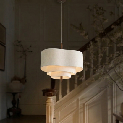 Three-tiered fabric pendant lamp with wooden