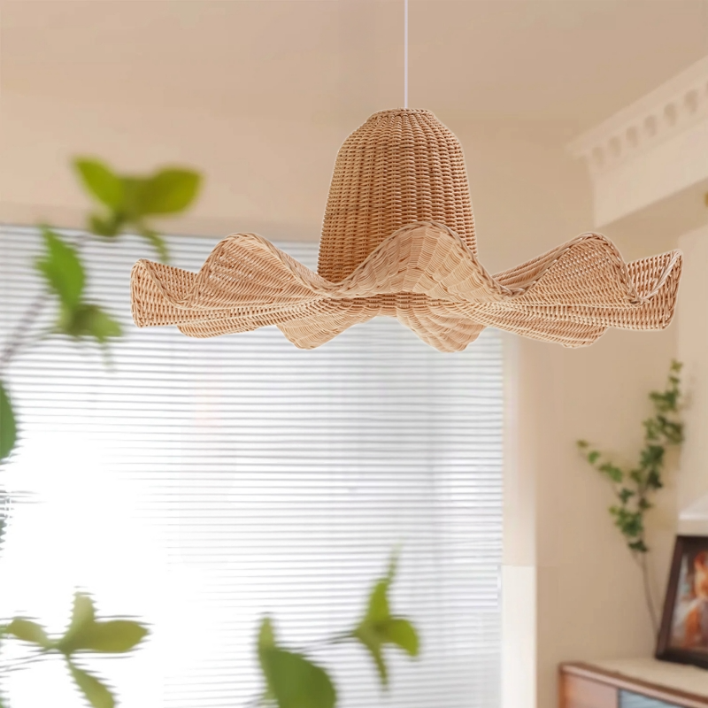 Wabi-sabi style woven rattan wave hanging light, embodying the beauty of imperfection for a serene home.