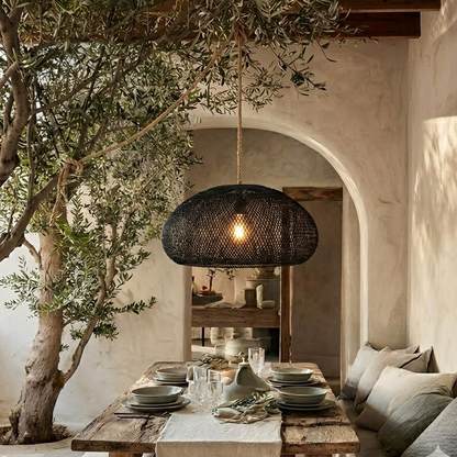 Wabi-sabi artistic wicker lamp, sculptural hanging light for modern decor.