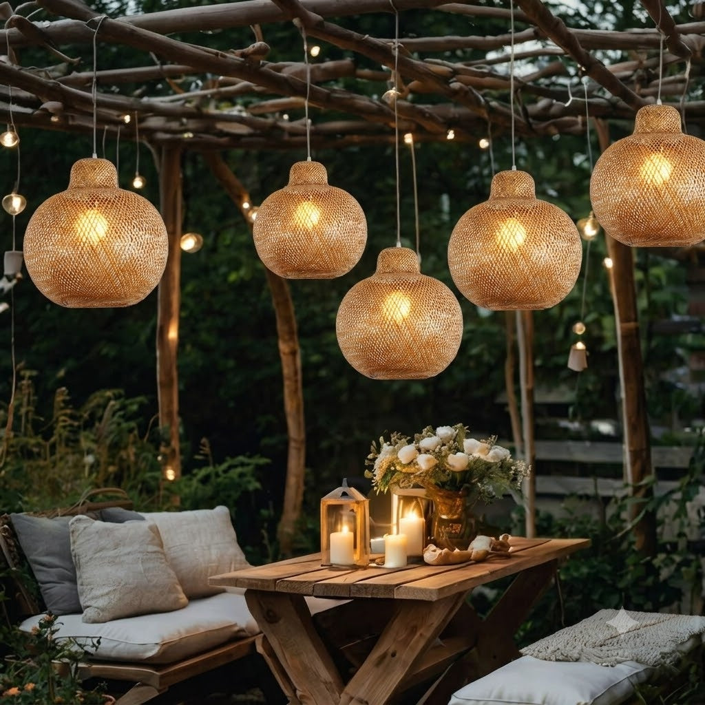 Wabi-sabi artistic bamboo lamp, sculptural hanging light for modern decor, spherical design.