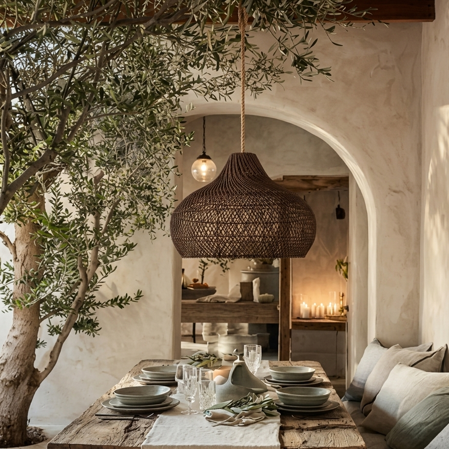 Bohemian texture rattan hanging fixture, adding an eclectic boho-chic vibe to stylish home interiors.