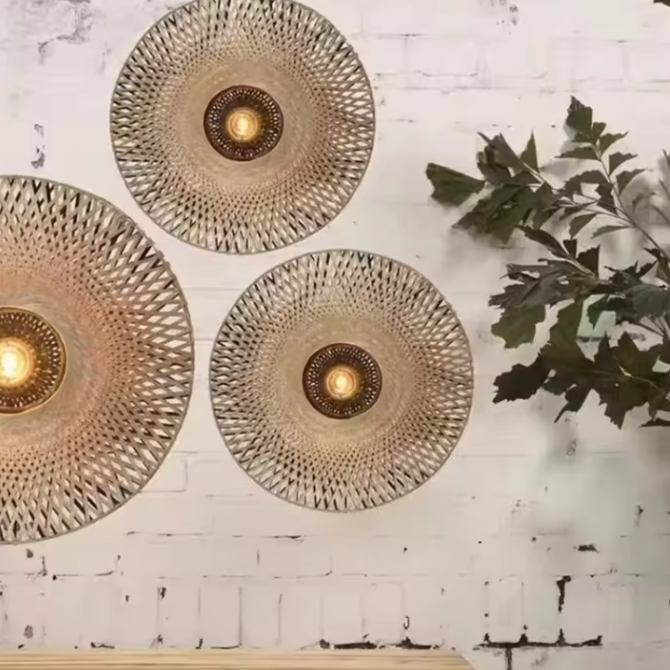 Wall lamp in Modern Minimalist style, crafted from Rattan, ideal for Living room wall decor, providing ambient and accent lighting.