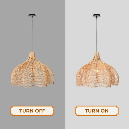 A cozy amber light wicker wave lamp radiating a soft golden mist through its beautifully spaced reed grid rows.