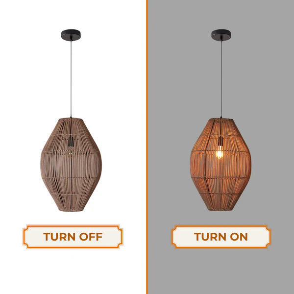 A cozy amber light wicker cocoon lamp casting a warm glow and radiating vertical linear shadows, ideal for a comforting home atmosphere.