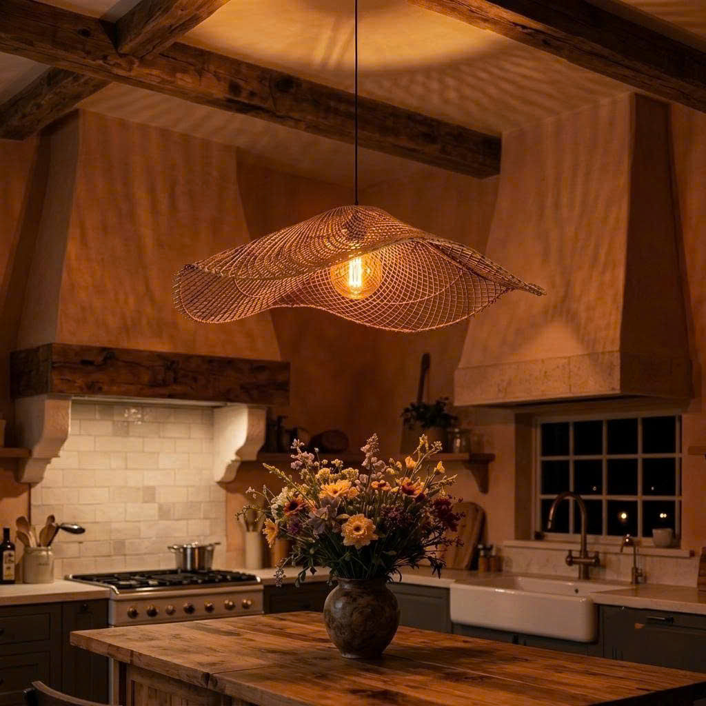 Modern boho style woven pendant light with warm ambient glow, perfect for kitchen island lighting at night, creating a cozy and rustic atmosphere