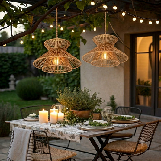 Hemp light suitable for adding organic charm to a covered garden balcony or outdoor patio.