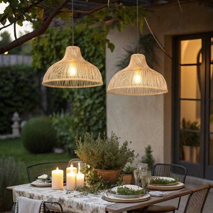 Robust rattan pendant light suitable for a modern, covered garden patio space.