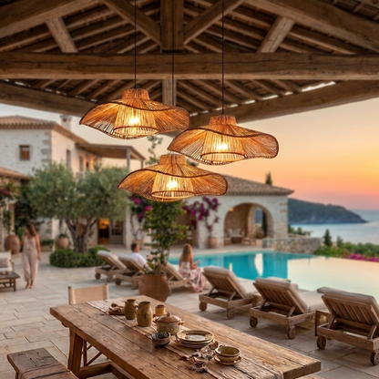 Elegant wide-brim hemp pendant lighting providing a warm welcome in a resort lobby.