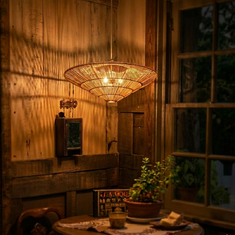 A large, stylish wide bamboo pendant light centered above a dining room table.