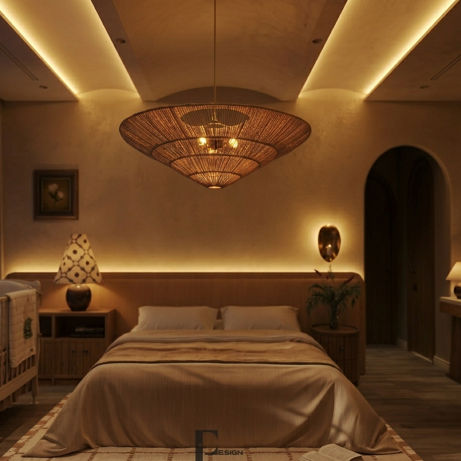 Soft ambient wide woven hanging lamp installed in a calm, serene bedroom setting.