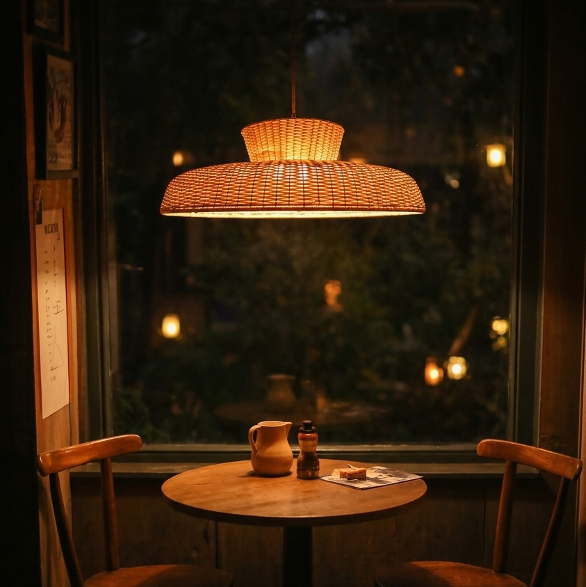 Decorative wide woven pendant lighting creating a warm, inviting glow in a commercial restaurant space.