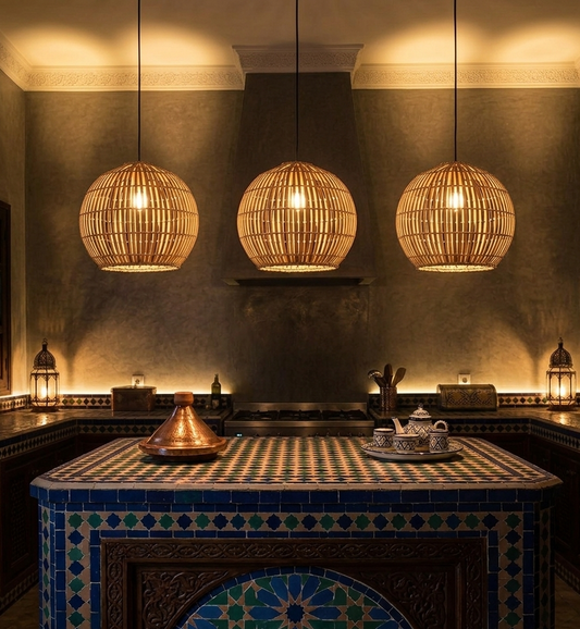 Natural woven bamboo globe pendant light providing warm, ambient task lighting over modern kitchen islands